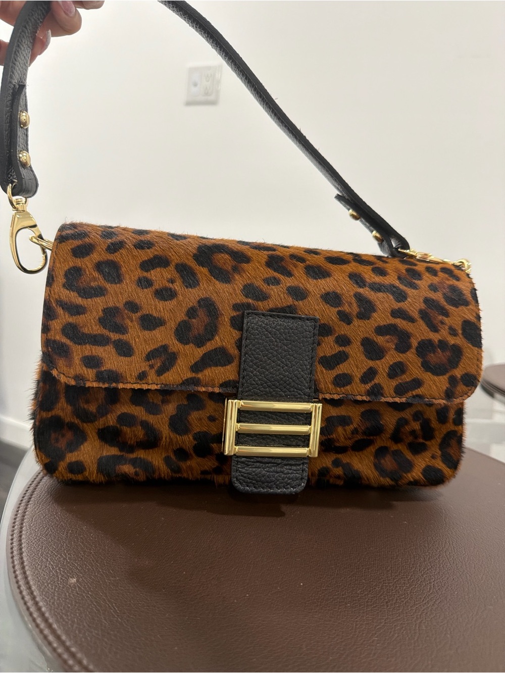 Leopard Print Shoulder Bag with Black Strap and Gold Buckle